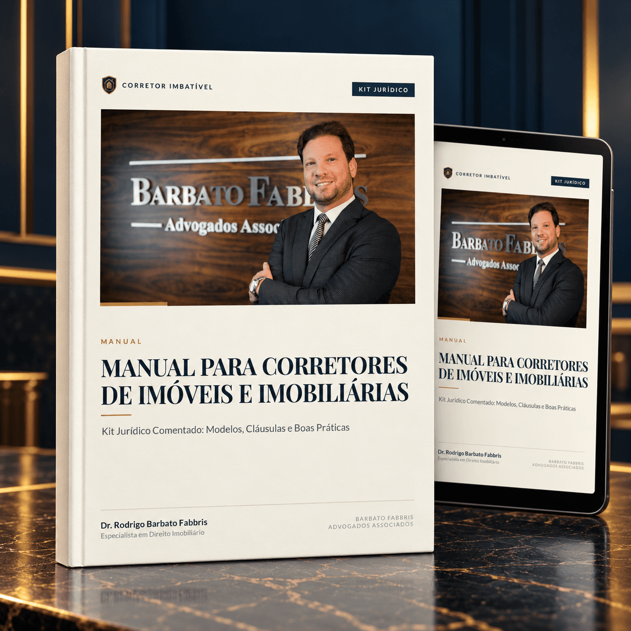Mockup do Manual para Corretores de Imóveis e Imobiliárias em livro e tablet